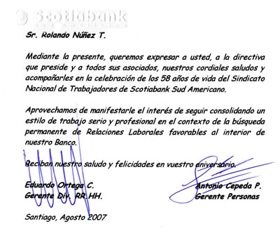 Tarjeta de saludo de parte de la administración del Scotiabank